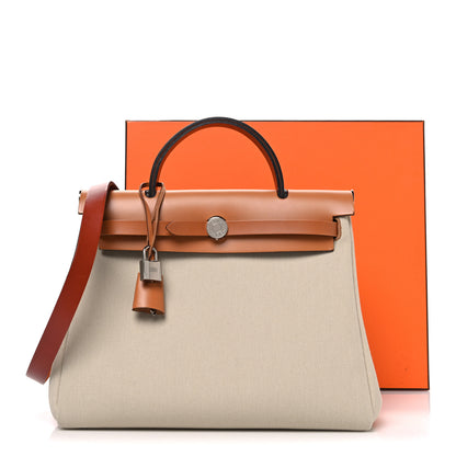 Hermes Military Toile Vache Hunter Herbag Zip Retourne 31 PM Beton Naturel Fauve Cuivre 12 of 12