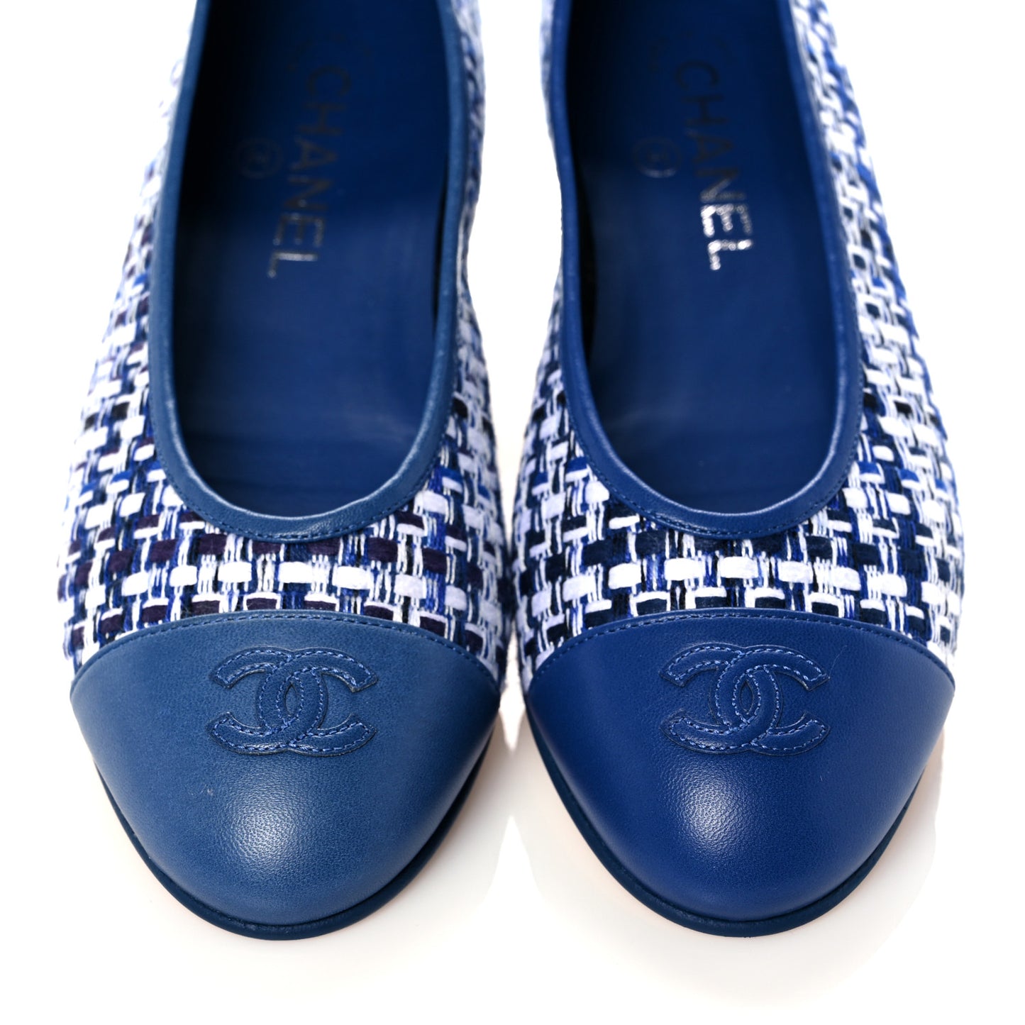 Tweed Lambskin CC Cap Toe Ballerina Flats 37.5 White Blue