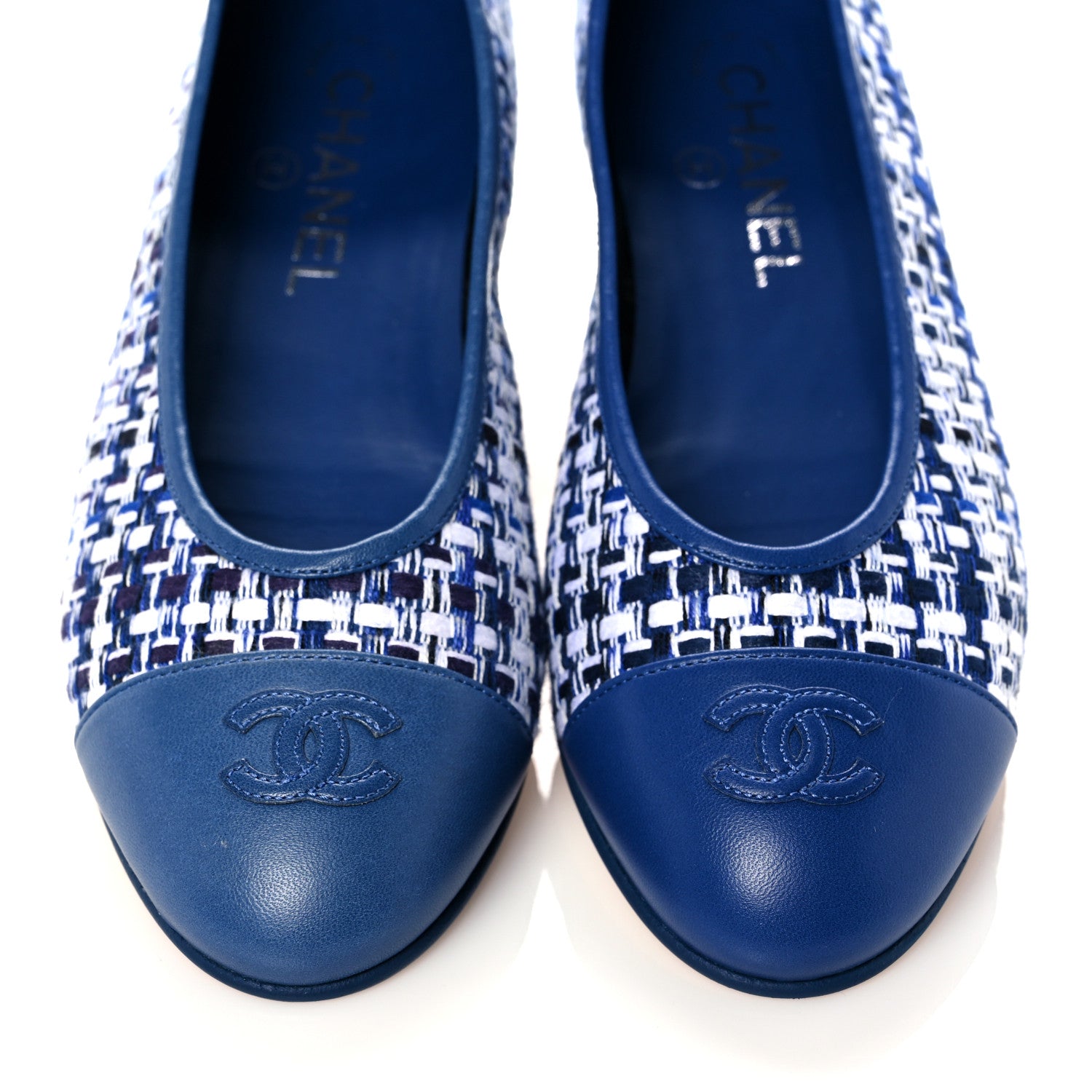 Chanel Tweed Lambskin CC Cap Toe Ballerina Flats 37.5 White Blue 6 of 9