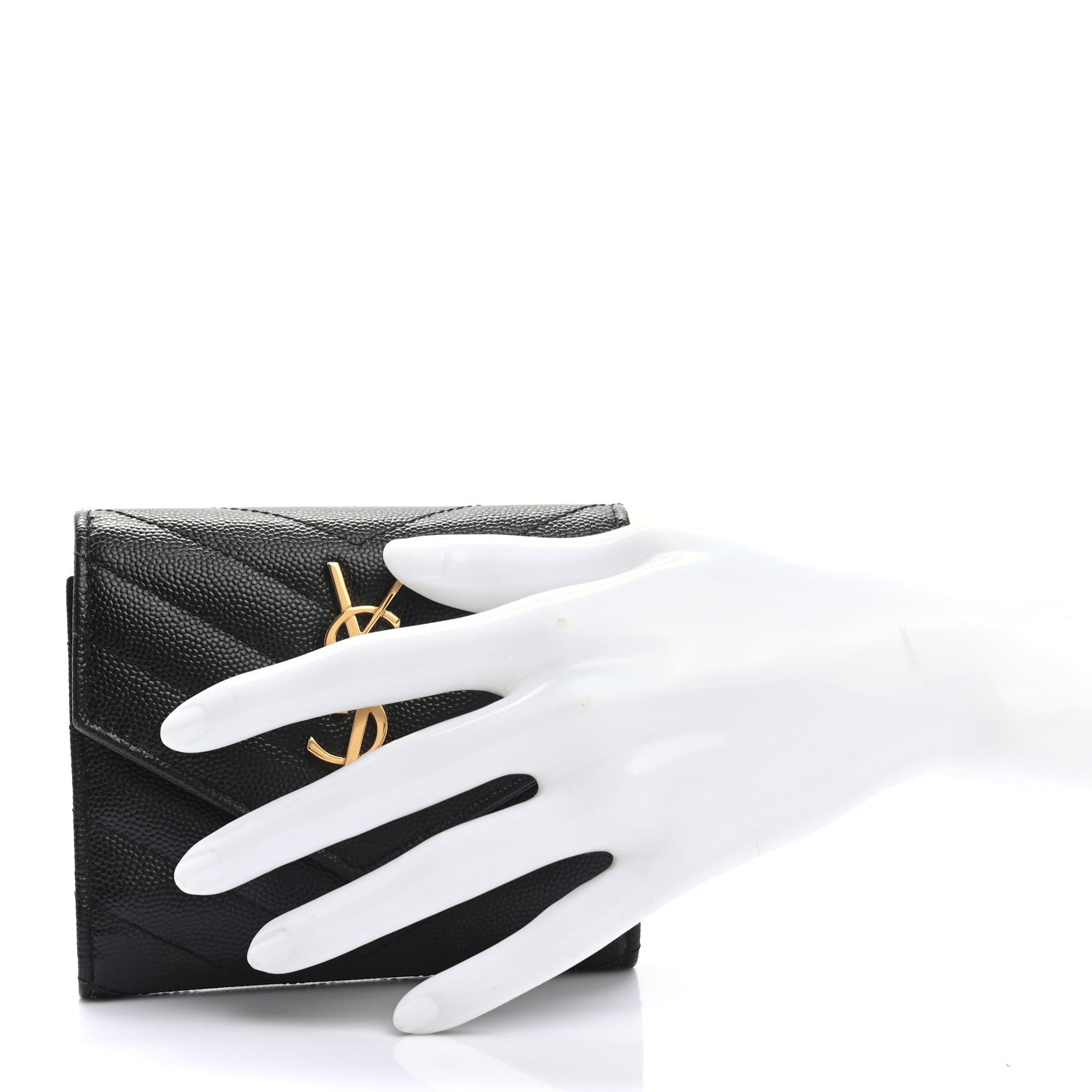 Saint Laurent Grain De Poudre Matelasse Chevron Monogram Compact Tri Fold Wallet Black 2 of 6