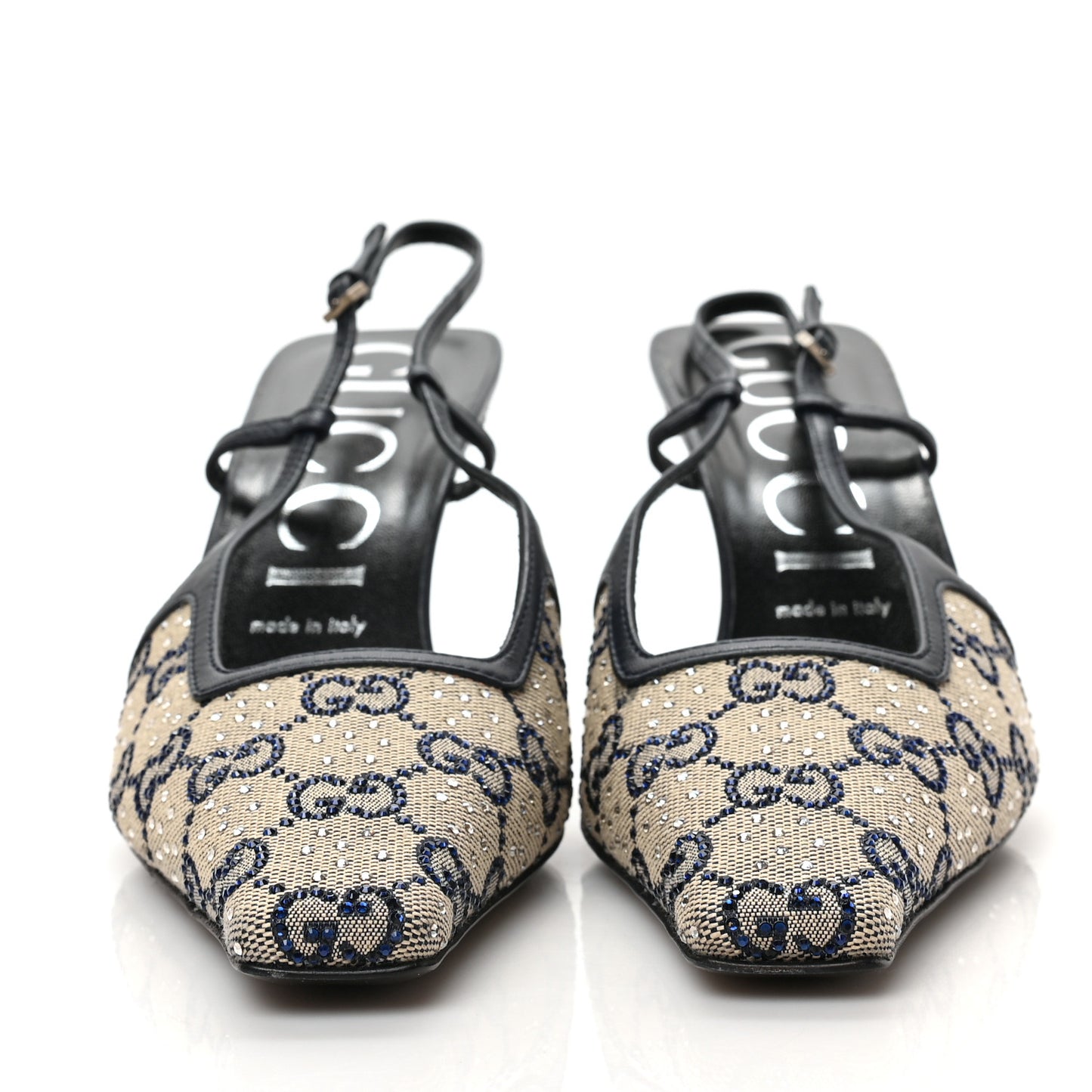 GG Monogram Malaga Kid Crystal Square G 75mm Slingback Pumps 39 Beige Blue