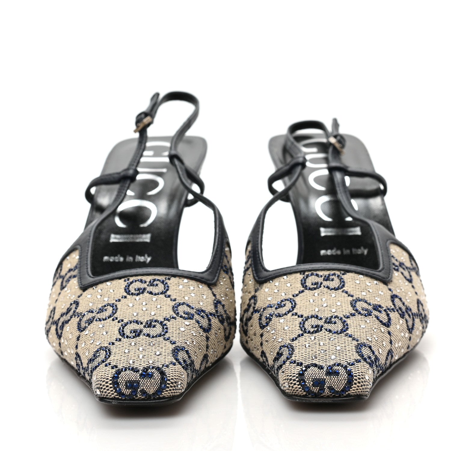 Gucci GG Monogram Malaga Kid Crystal Square G 75mm Slingback Pumps 39 Beige Blue 2 of 8