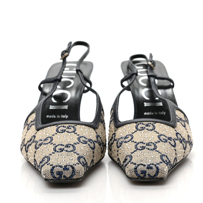 Gucci GG Monogram Malaga Kid Crystal Square G 75mm Slingback Pumps 39 Beige Blue 2 of 8