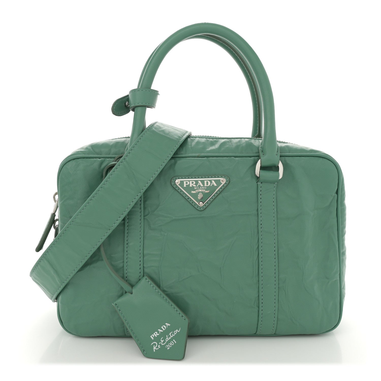 Prada Nappa Antique Medium Re-Edition 2001 Two Handle Bag Green 1 of 12