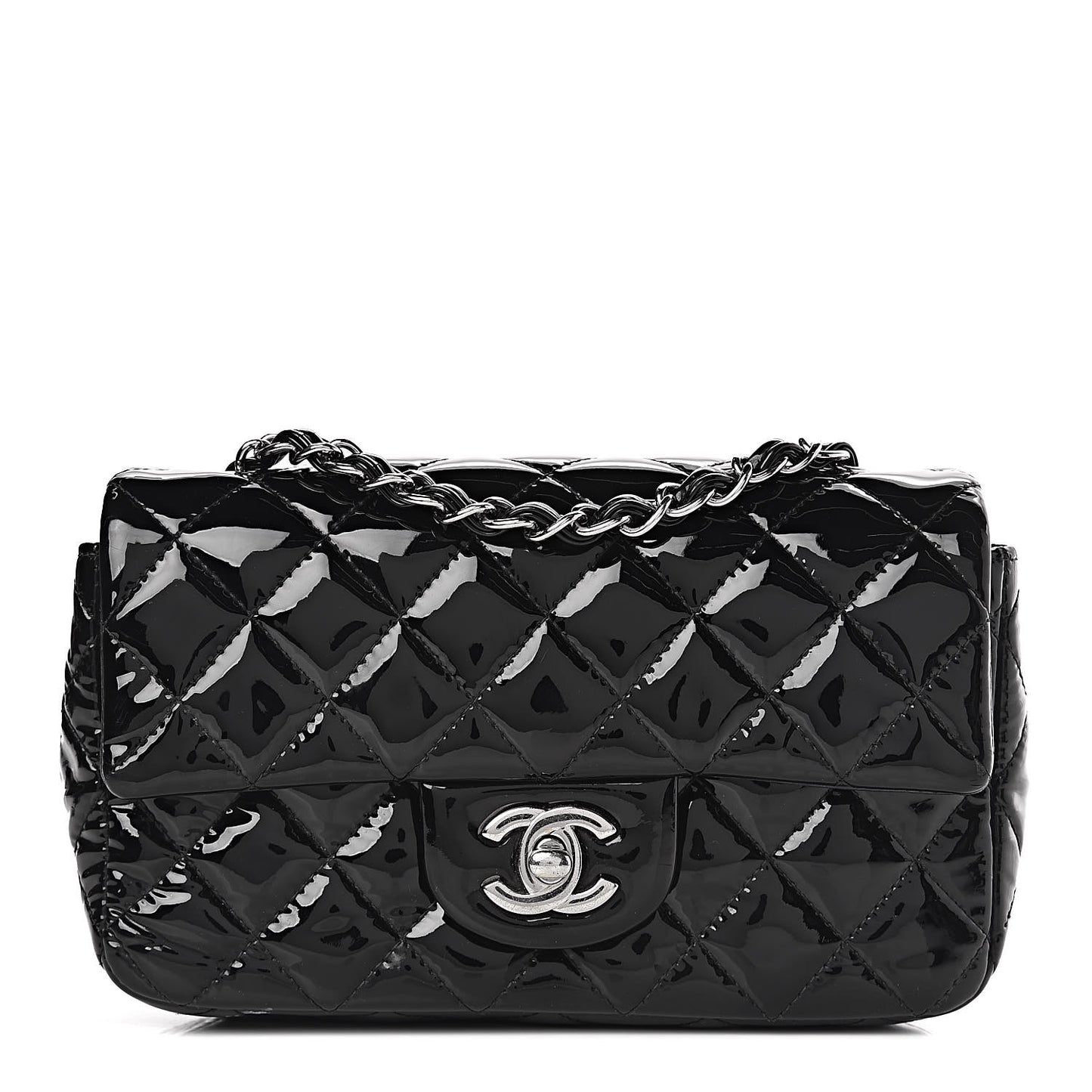 Patent Calfskin Quilted Mini Rectangular Flap Black