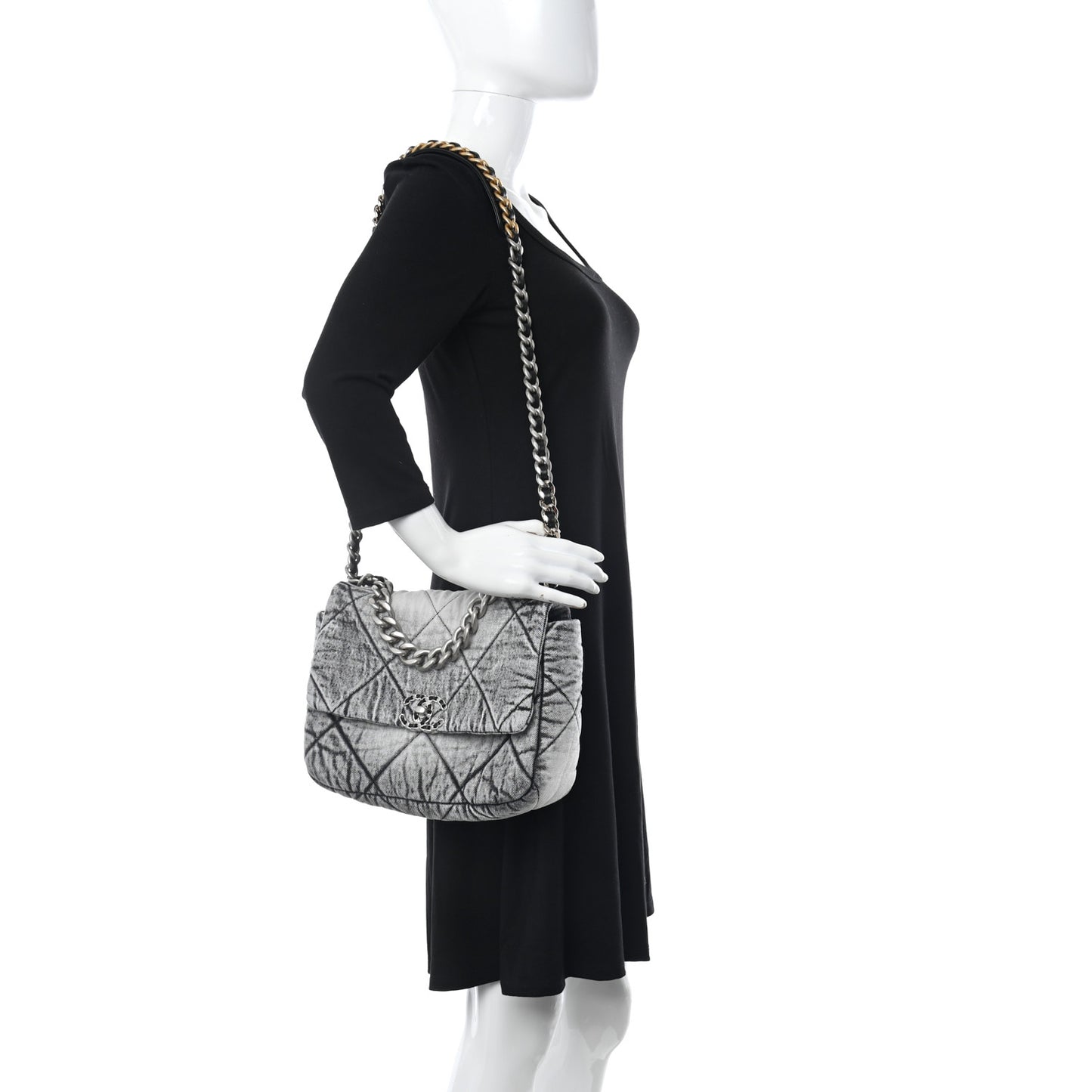 Washed Denim Quilted Medium Chanel 19 Flap Black White
