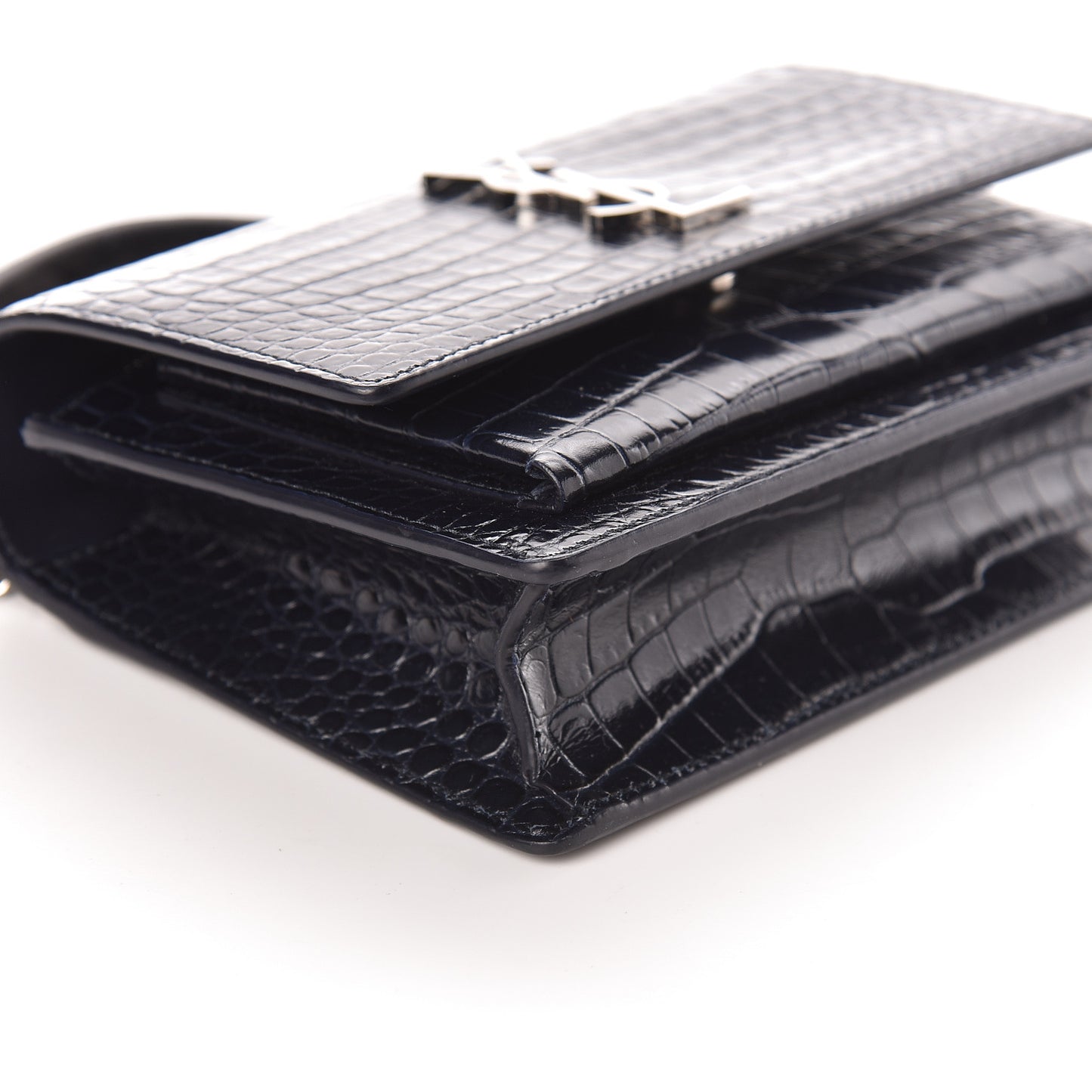Calfskin Crocodile Embossed Monogram Sunset Chain Wallet Navy