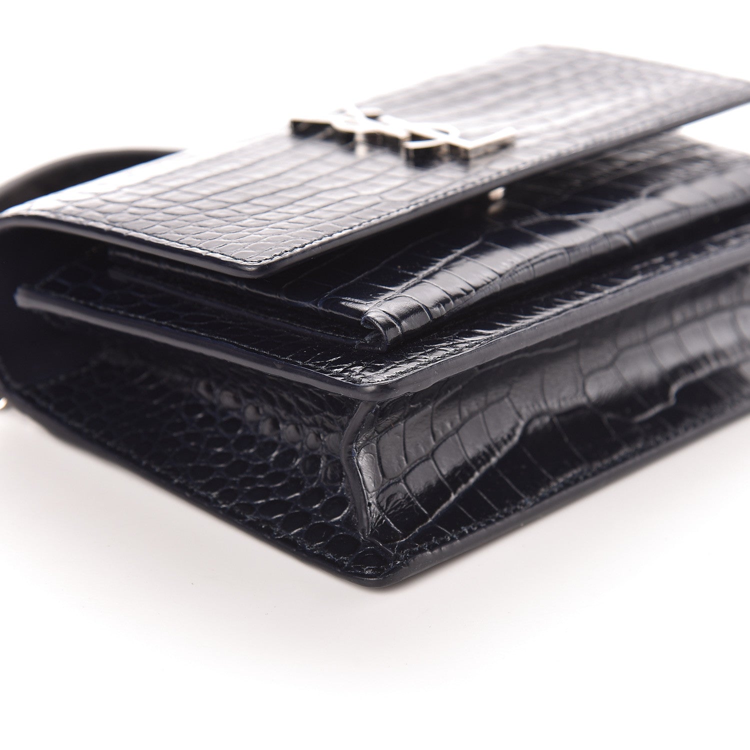 Saint Laurent Calfskin Crocodile Embossed Monogram Sunset Chain Wallet Navy 8 of 10