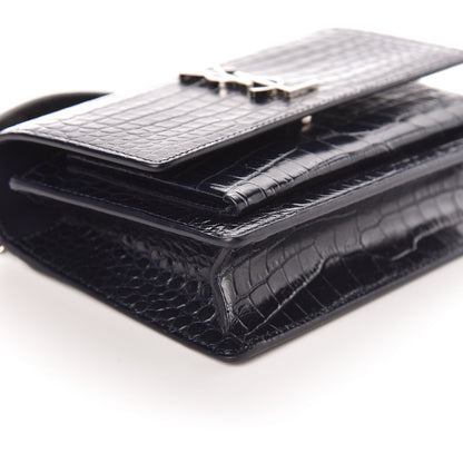 Saint Laurent Calfskin Crocodile Embossed Monogram Sunset Chain Wallet Navy 8 of 10
