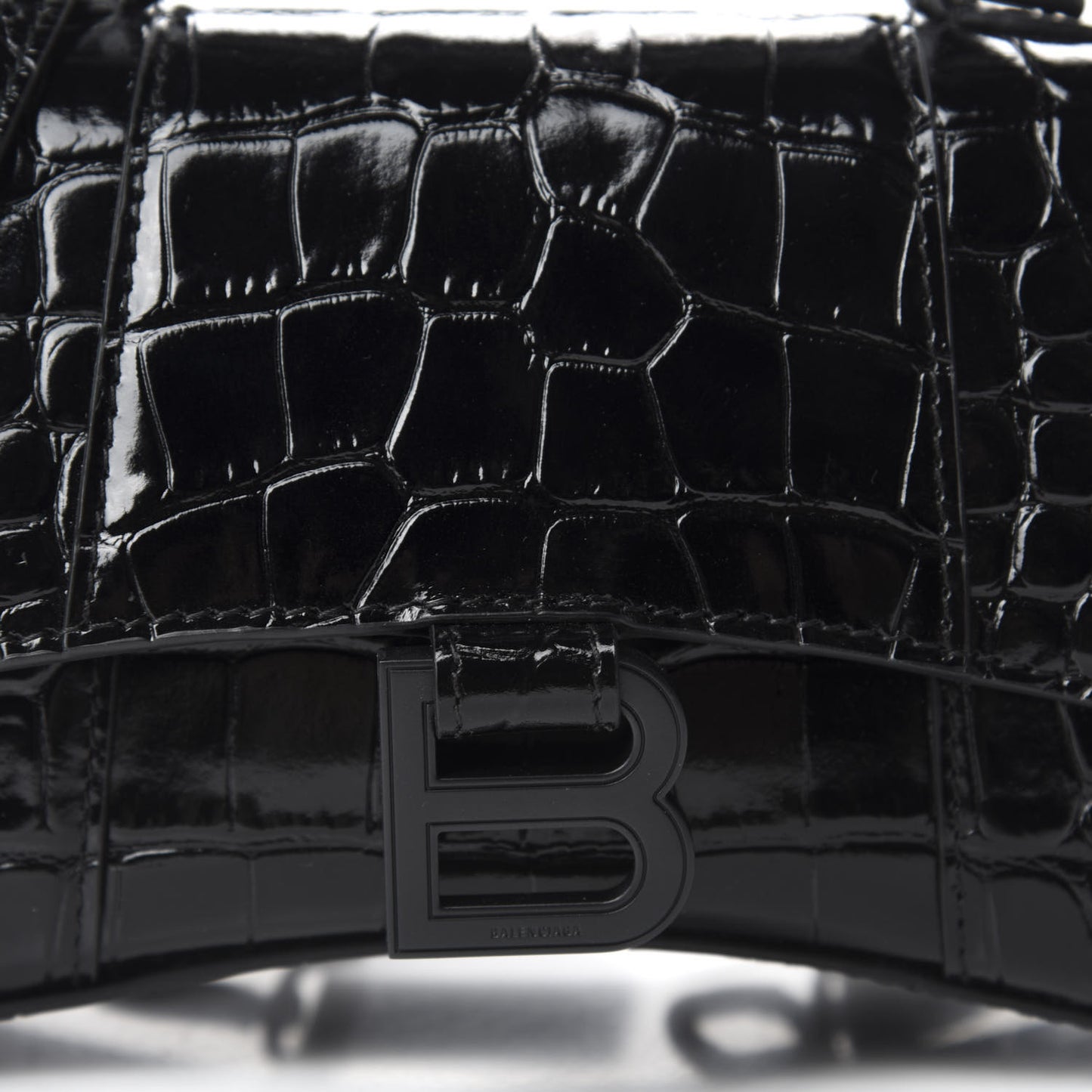 Shiny Calfskin Monochrome Crocodile Embossed Hourglass Top Handle Bag XS Black