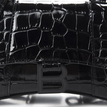 Balenciaga Shiny Calfskin Monochrome Crocodile Embossed Hourglass Top Handle Bag XS Black 9 of 9