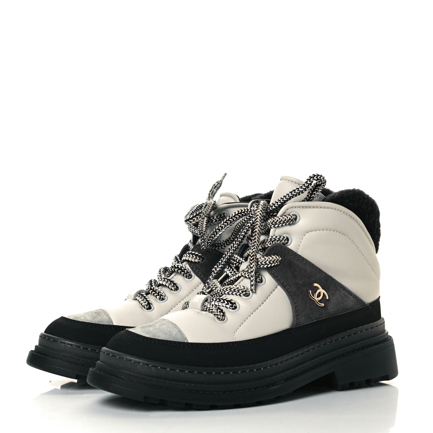 Lambskin Shearling Suede CC High Lace Up Boots 37 Grey Black