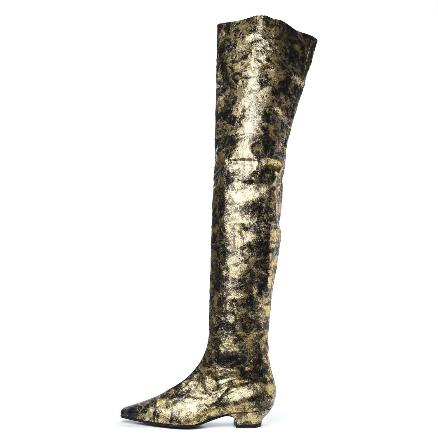 Chanel Metallic Lambskin Over the Knee Boots 38.5 Gold Black 1 of 6