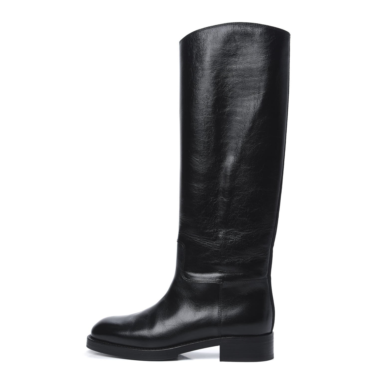 Chanel Aged Glazed Calfskin Grosgrain Knee High CC Boots 38 Black 1 of 8