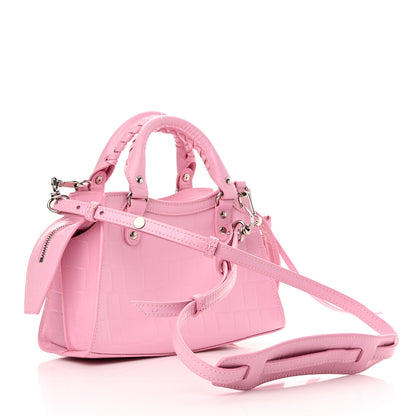 Balenciaga Semi Shiny Calfskin Crocodile Embossed Neo Classic Silver Hardware Mini City Pink 3 of 11