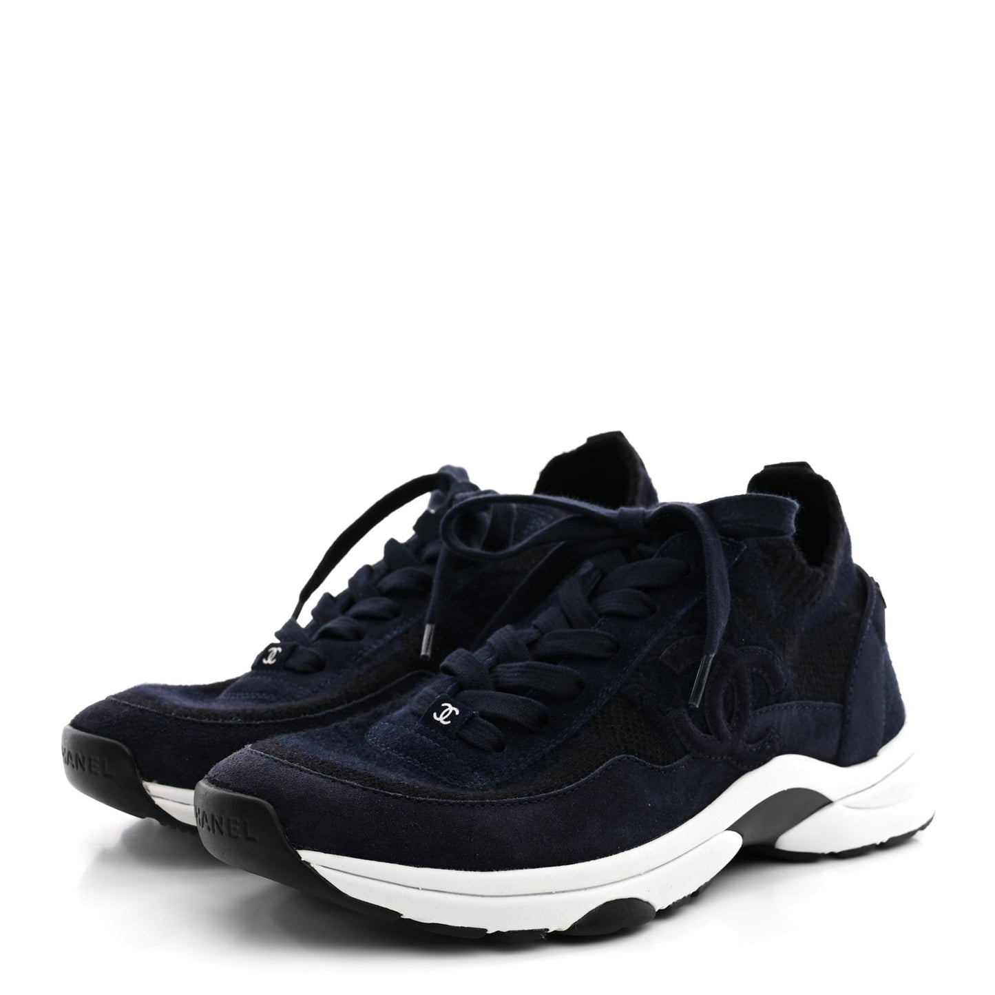 Knit Fabric Suede Calfskin Womens CC Sneakers 38 Navy Black
