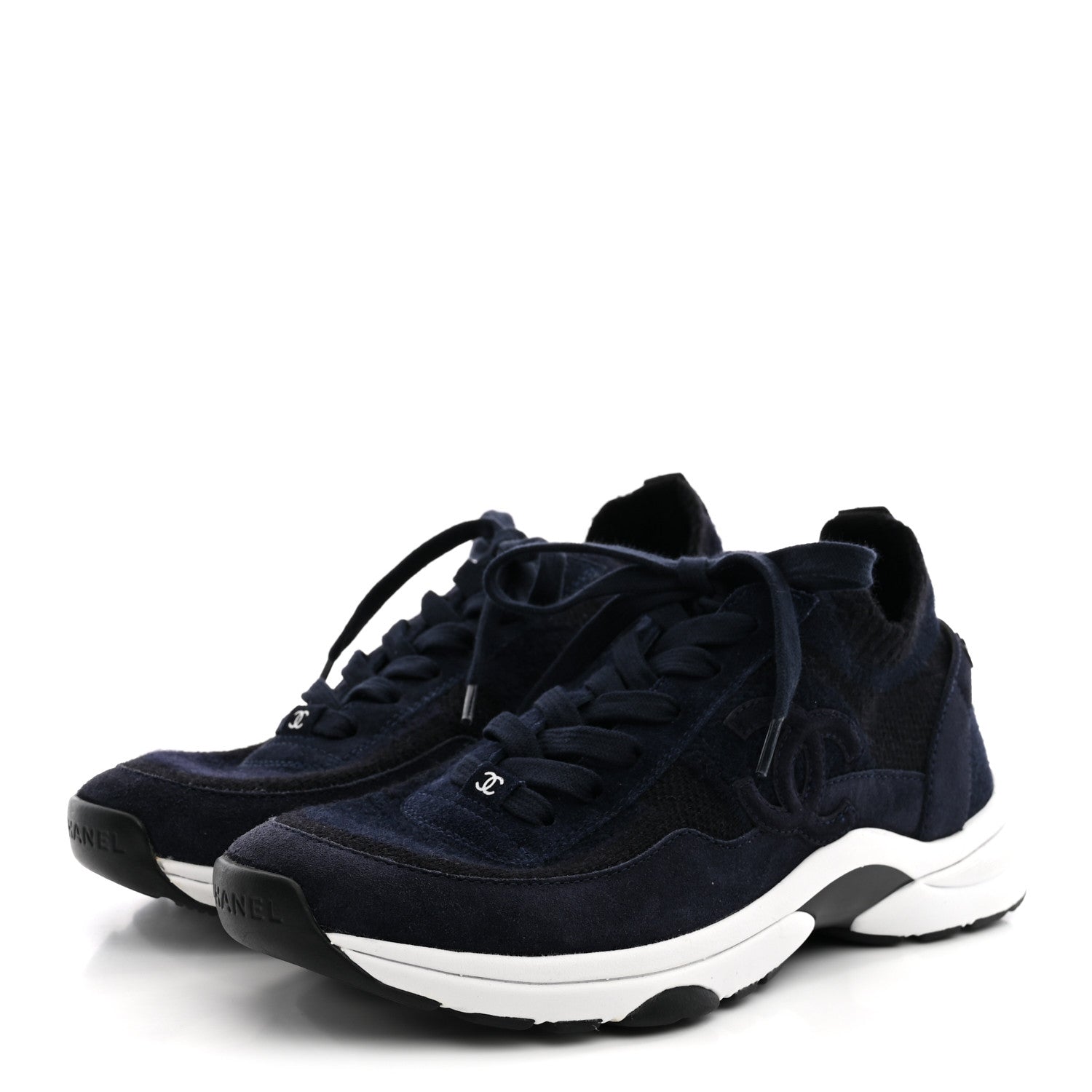Chanel Knit Fabric Suede Calfskin Womens CC Sneakers 38 Navy Black 4 of 8