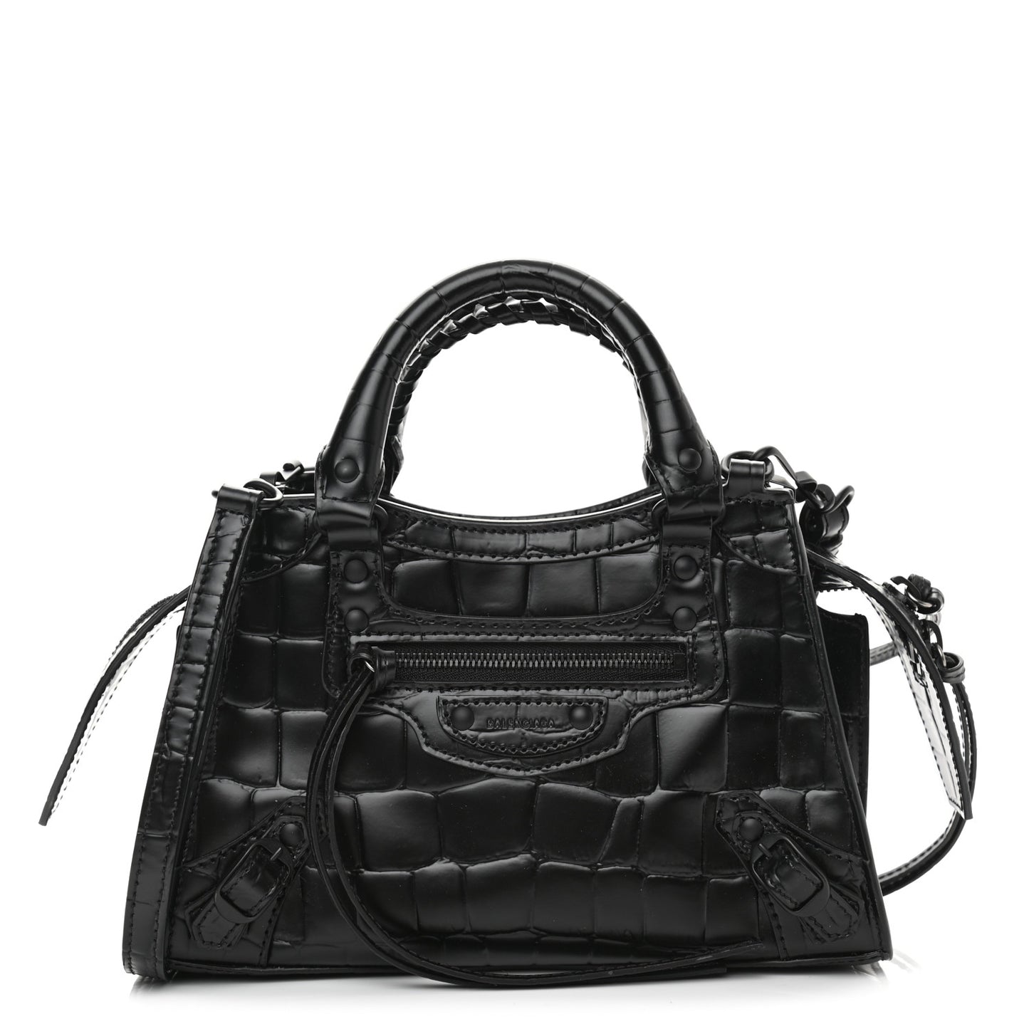 Semi Shiny Calfskin Crocodile Embossed Neo Classic Black Hardware Mini City Black