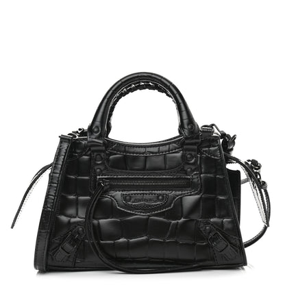 Balenciaga Semi Shiny Calfskin Crocodile Embossed Neo Classic Black Hardware Mini City Black 1 of 11