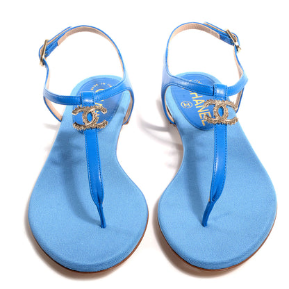 Chanel Shiny Kidskin CC Logo Thong Sandals Blue 35 2 of 6