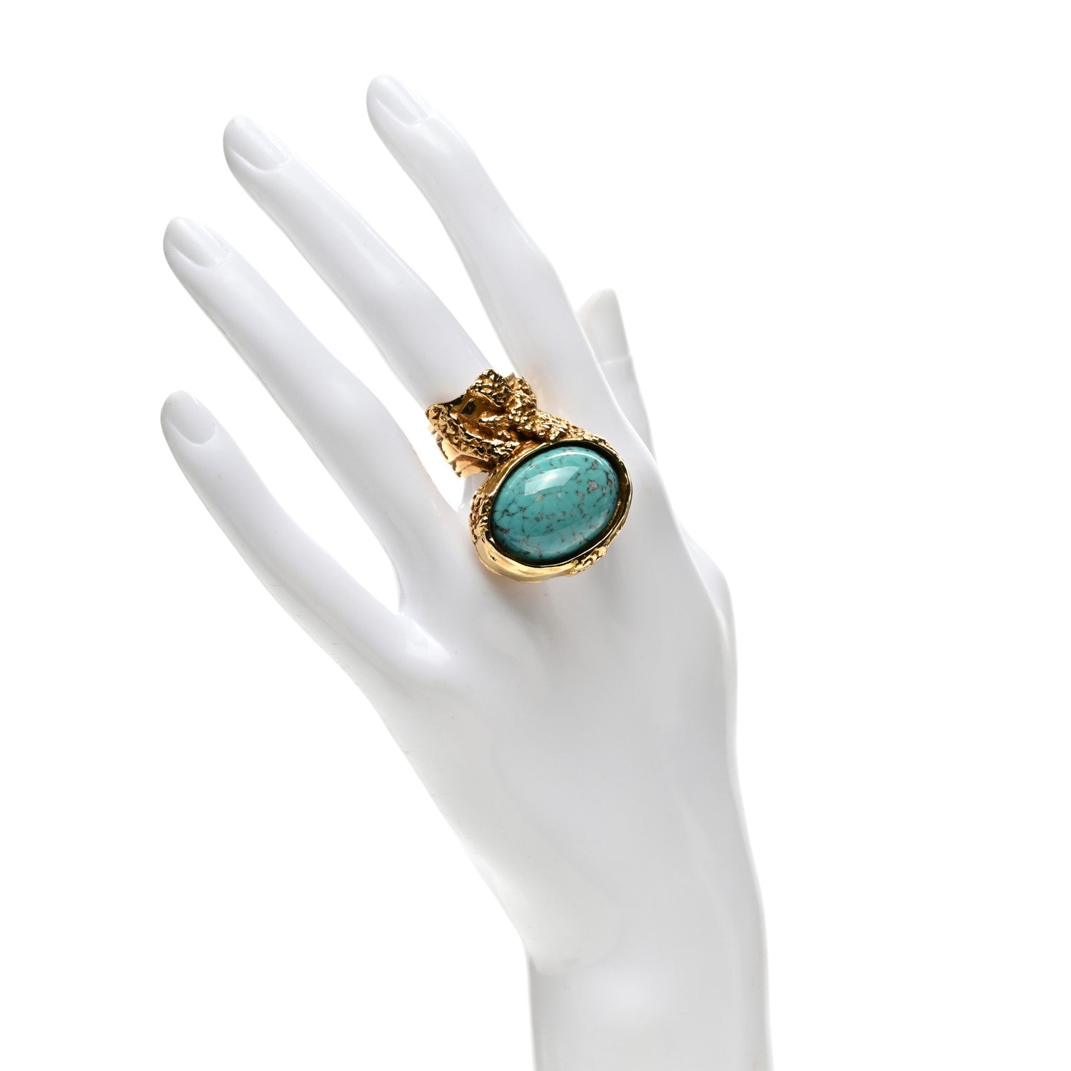Saint Laurent Glass Cabochon Arty Ovale Ring 47 4 Gold Turquoise 2 of 5