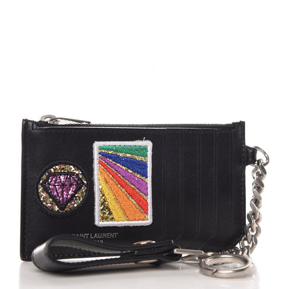 Saint Laurent Calfskin Paris Rainbow Fragments Zip Pouch Card Holder Black 3 of 8