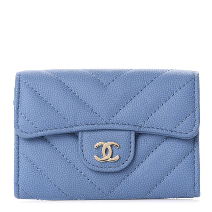 Chanel Caviar Flat Chevron Quilted Flap Card Holder Blue 1 of 9
