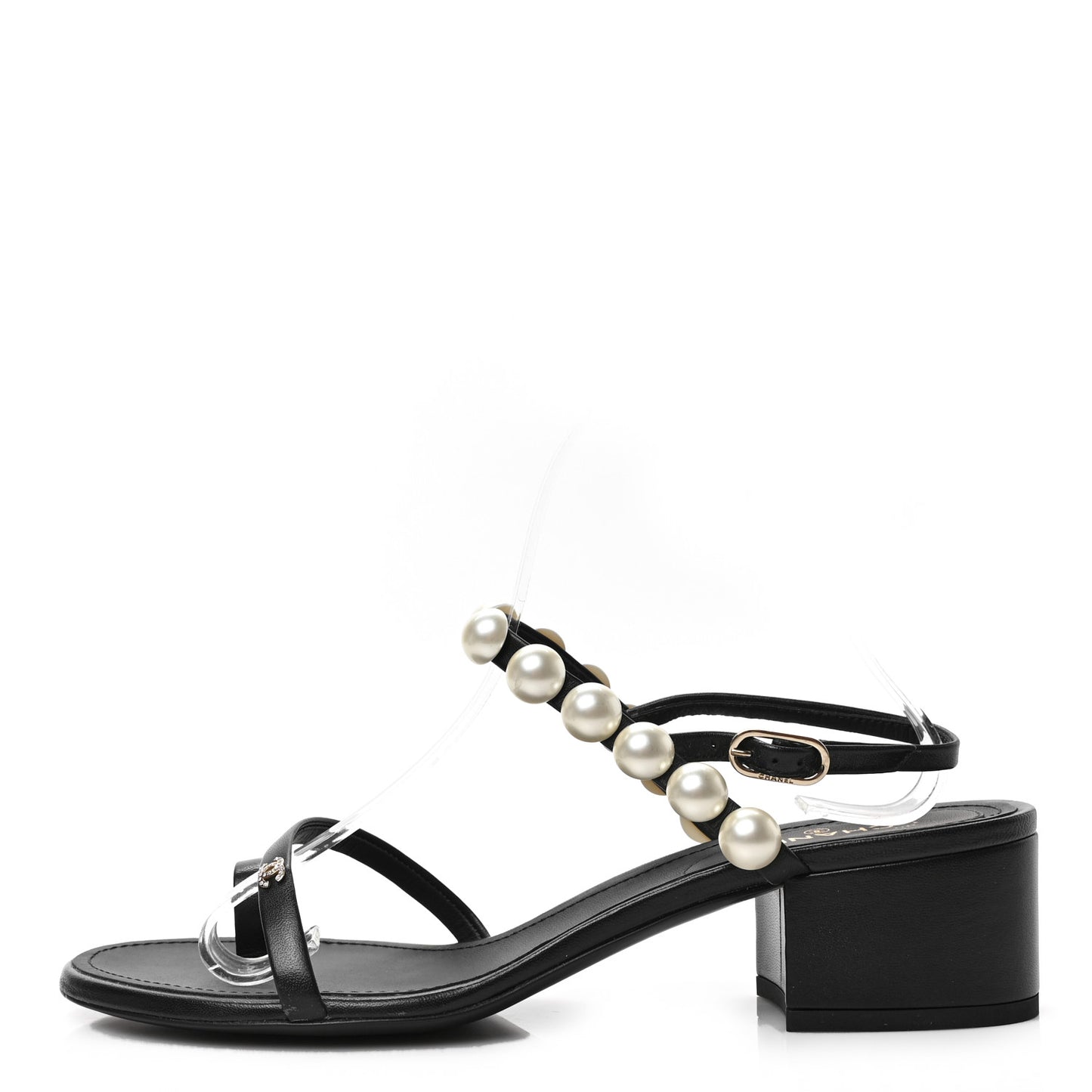 Lambskin Pearl Toe Ring Slingback Sandals 40 Black