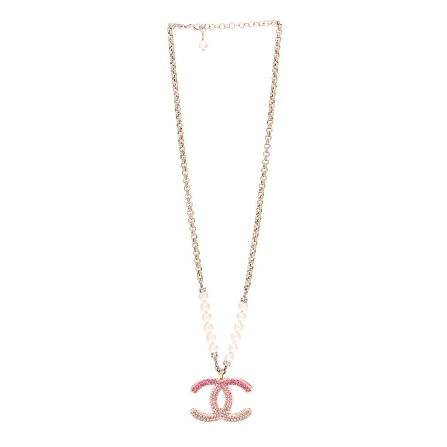 Chanel Pearl Crystal Resin CC Reversible Necklace Pink Gold White 3 of 7