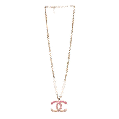 Chanel Pearl Crystal Resin CC Reversible Necklace Pink Gold White 3 of 7