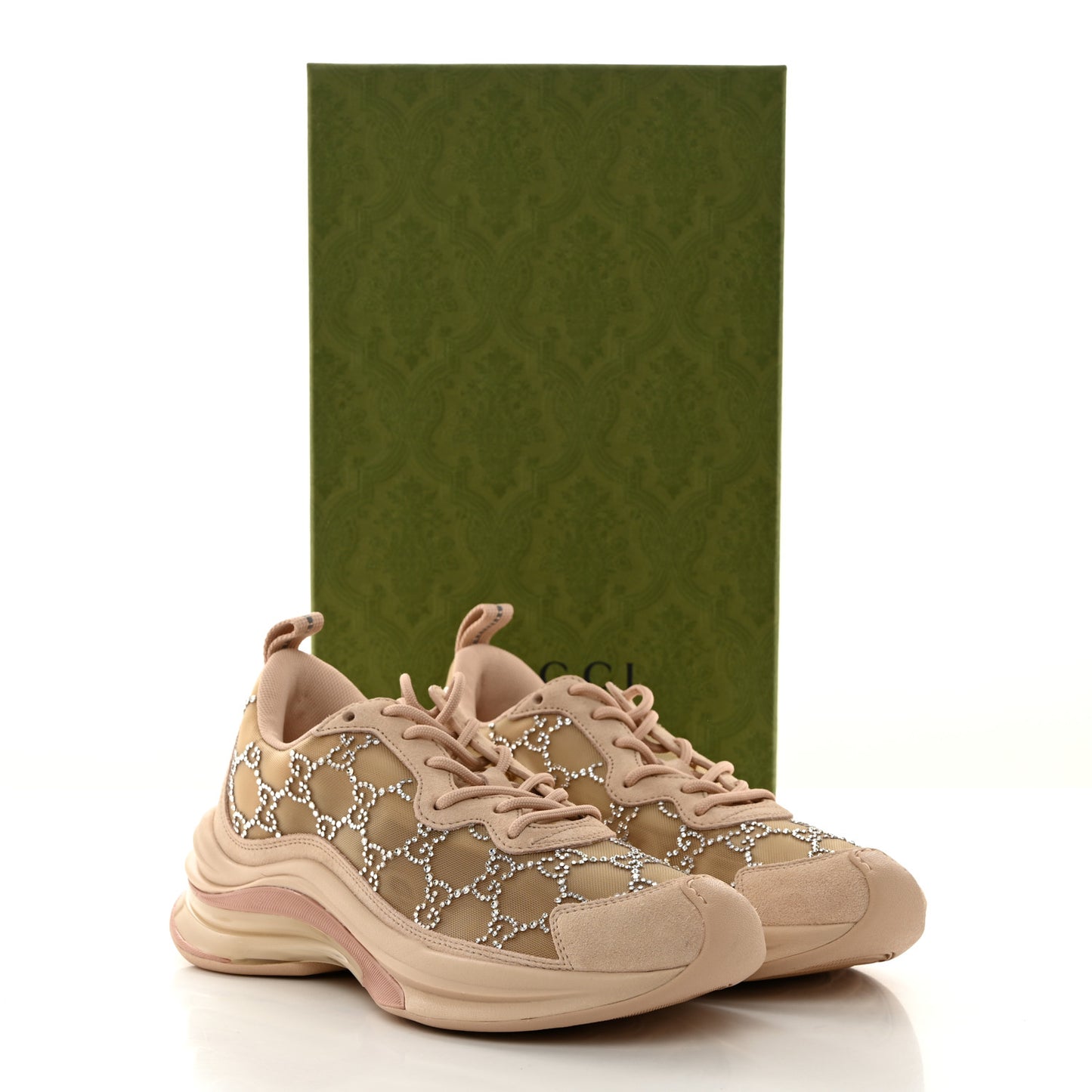 Tela Retino Mesh Crystal Suede GG Monogram Womens Gucci Run Sneakers 37 Light Powder Skin Rose Silver