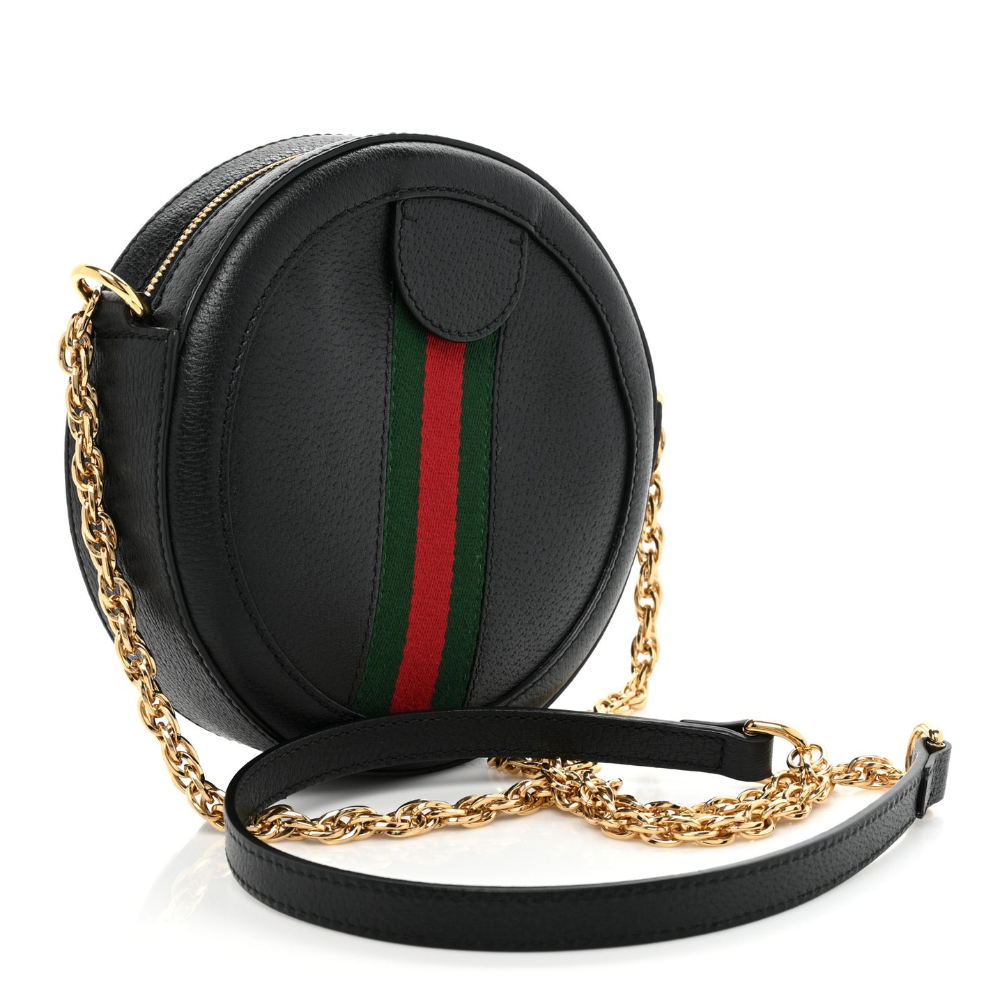 Grained Calfskin Web Mini Ophidia Round Shoulder Bag Black