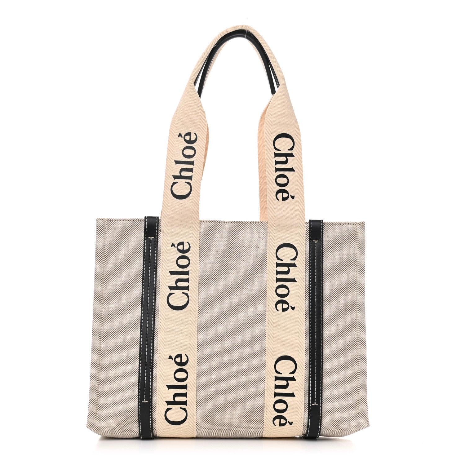 Chloe Cotton Calfskin Medium Woody Ribbon Tote White Black 1 of 9