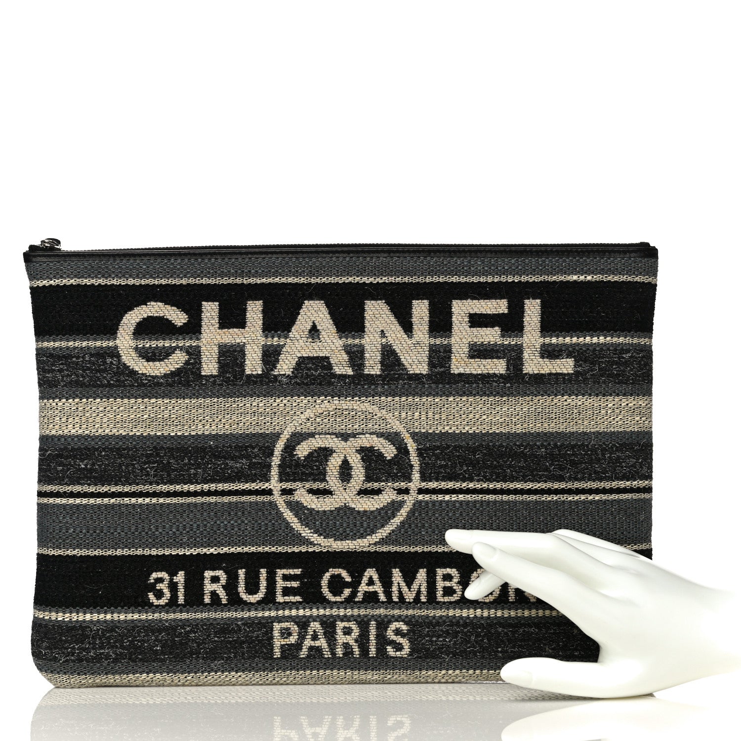 Chanel Striped Canvas Medium Deauville Cosmetic Pouch Grey Black 2 of 12