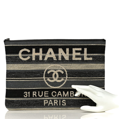 Chanel Striped Canvas Medium Deauville Cosmetic Pouch Grey Black 2 of 12
