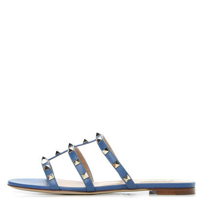 Valentino Garavani Nappa Rockstud Caged Flat Slide Sandals 39 Baltique 1 of 8