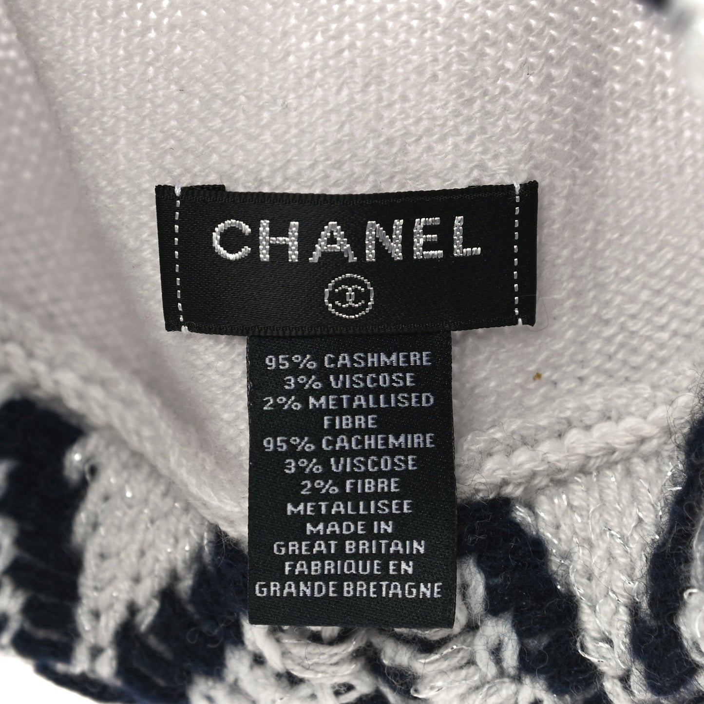 Cashmere Blend CC Beanie Hat White Navy Blue