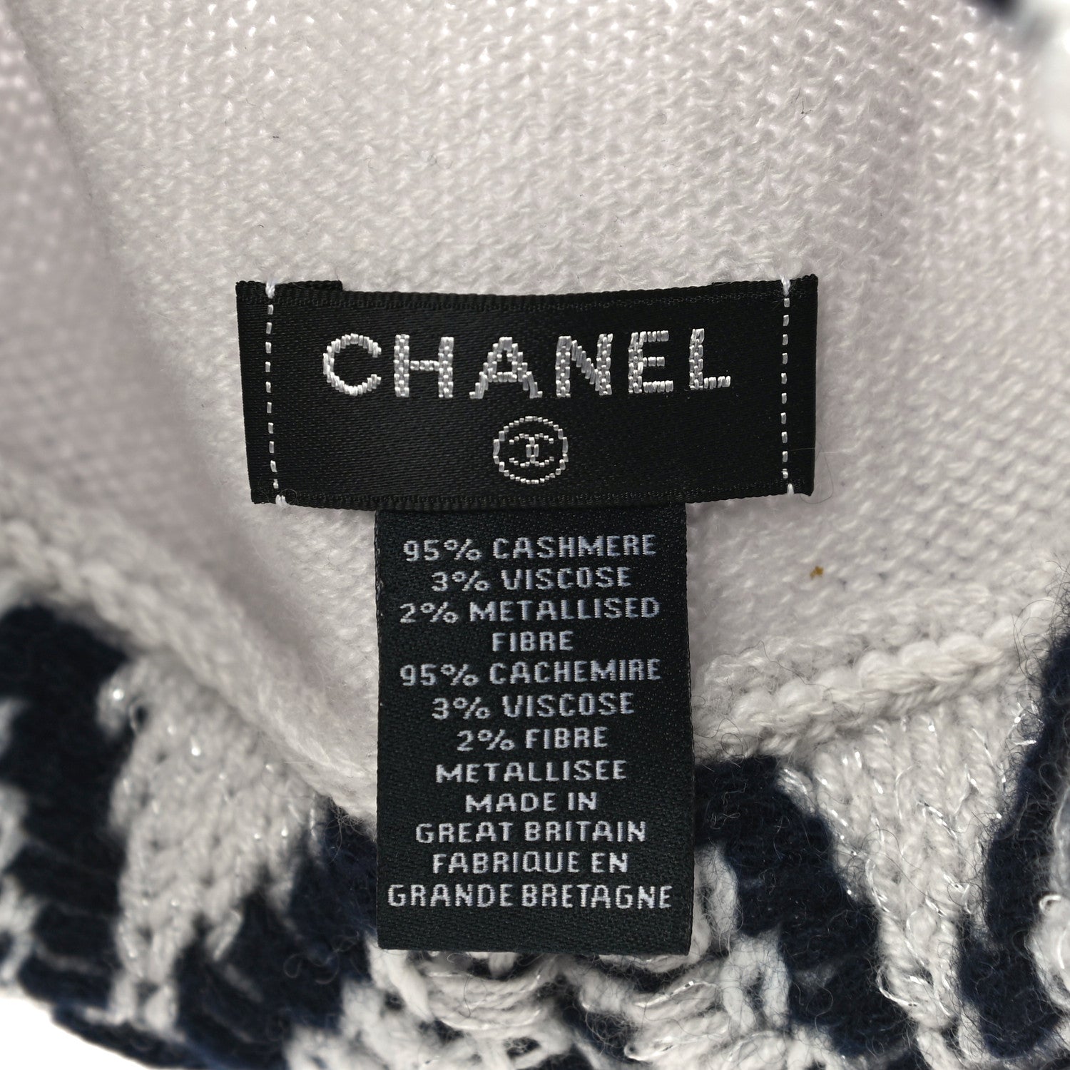 Chanel Cashmere Blend CC Beanie Hat White Navy Blue 6 of 10