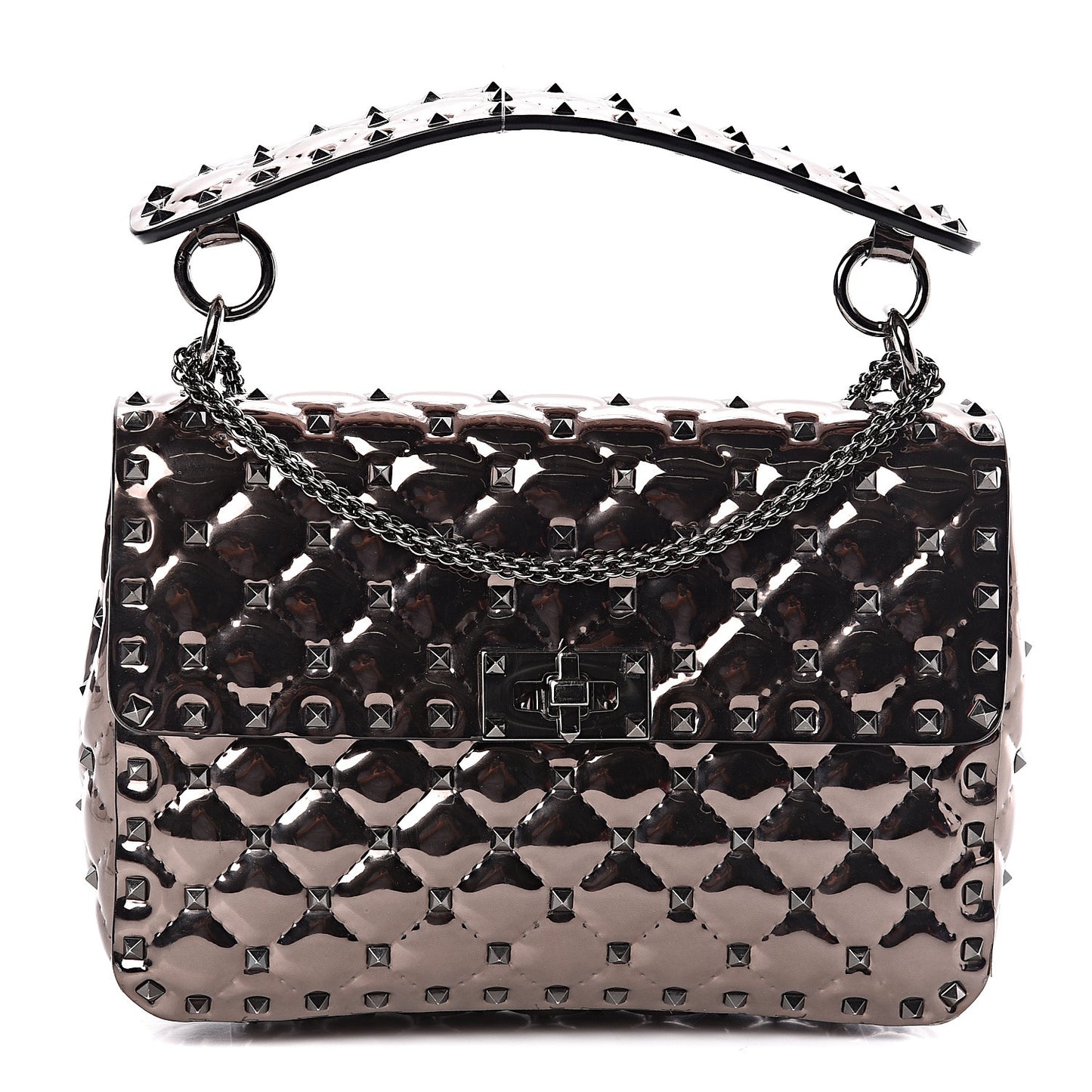 Metallic Patent Medium Rockstud Spike Shoulder Bag Rutenio