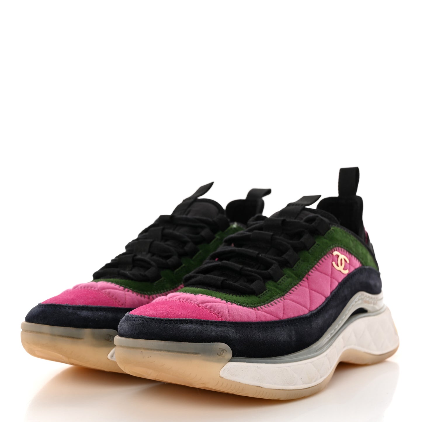 Velvet Calfskin Mixed Fibers CC Sneakers 39 Pink Green