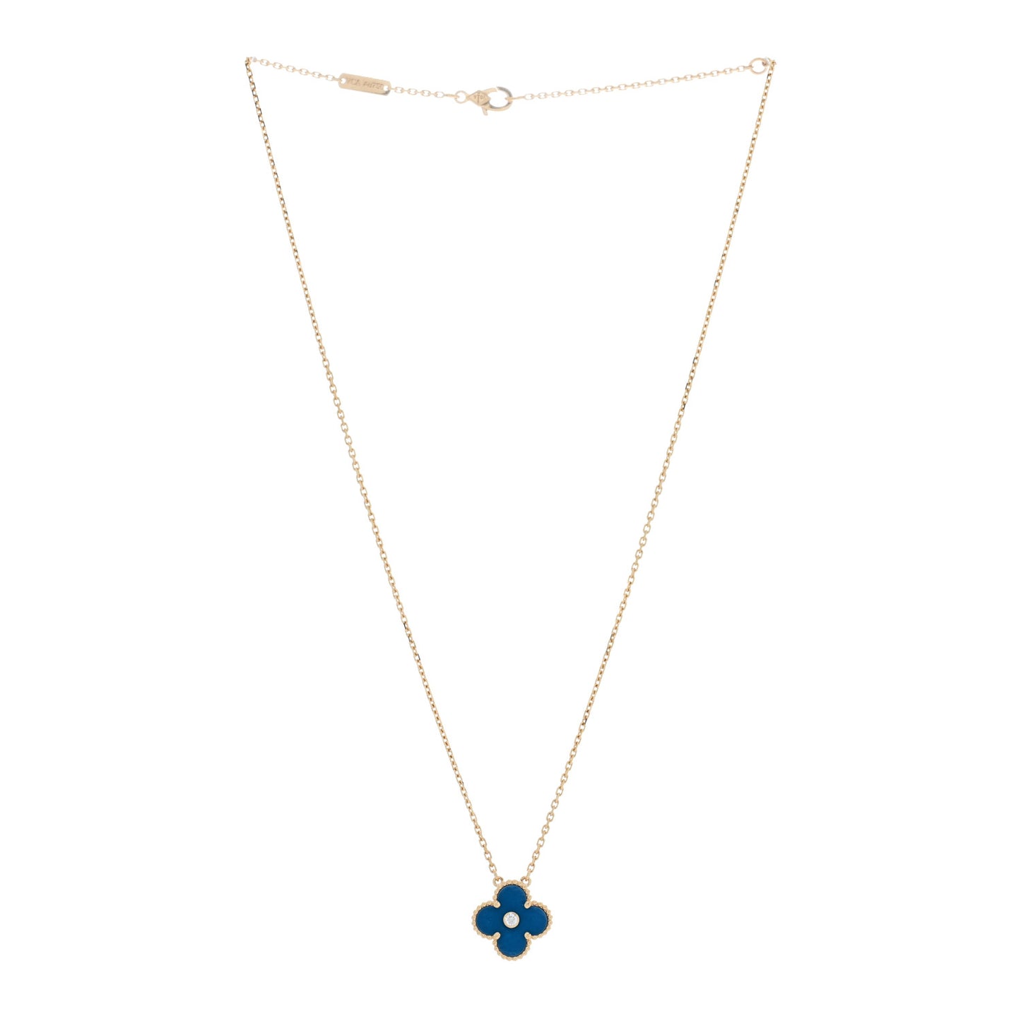 18K Yellow Gold Diamond Celestial Blue Sevres Porcelain Vintage Alhambra Pendant Necklace