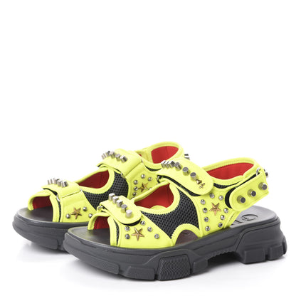 Gucci Technical Canvas Calfskin Studded Mens Aguru Sandals 6 Neon Yellow 3 of 7