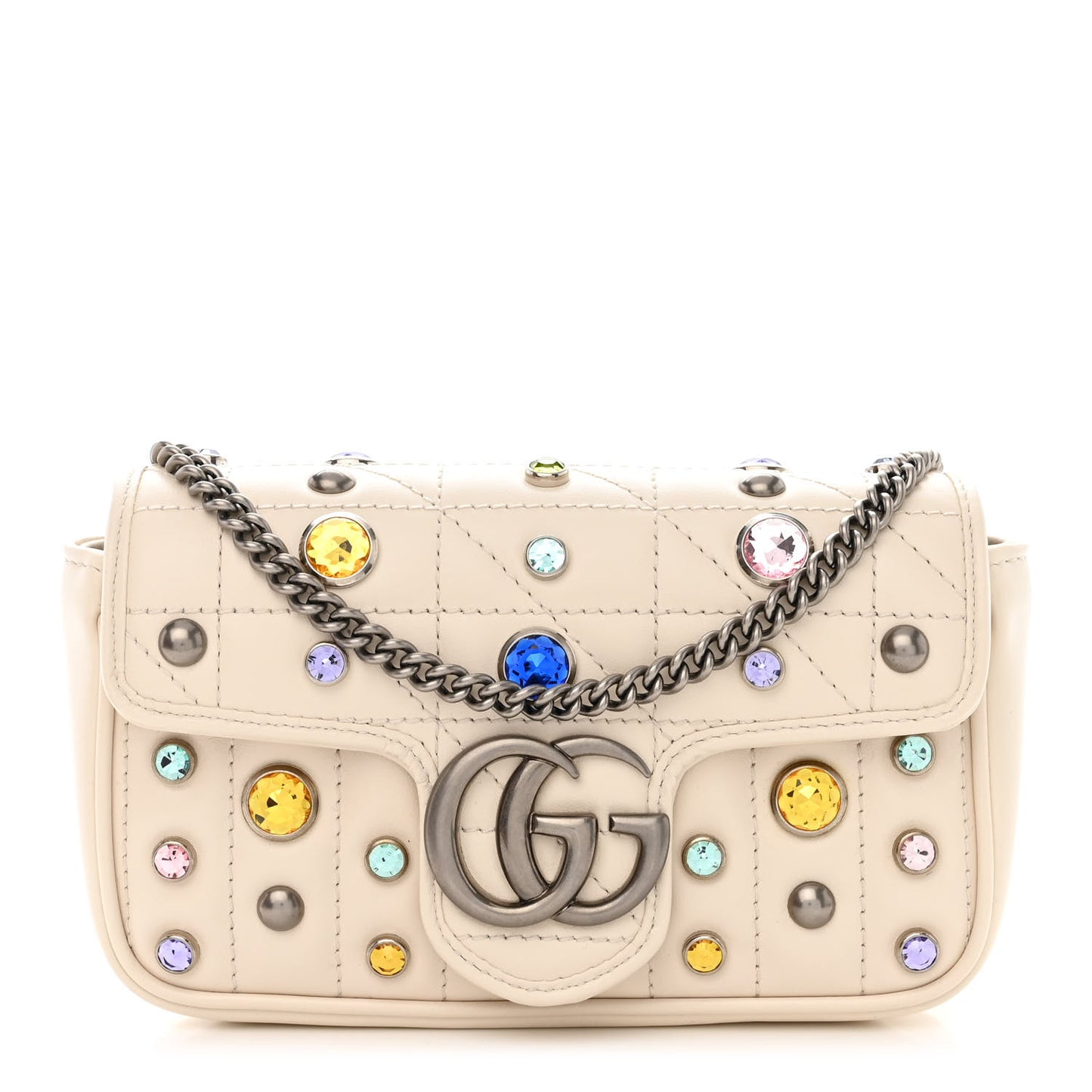 Calfskin Crystal Matelasse Aria Super Mini GG Marmont Shoulder Bag Mystic White Multicolor