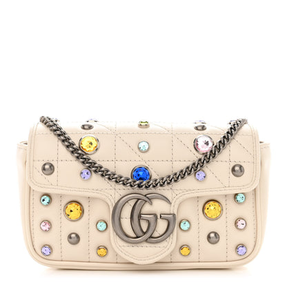 Gucci Calfskin Crystal Matelasse Aria Super Mini GG Marmont Shoulder Bag Mystic White Multicolor 1 of 11