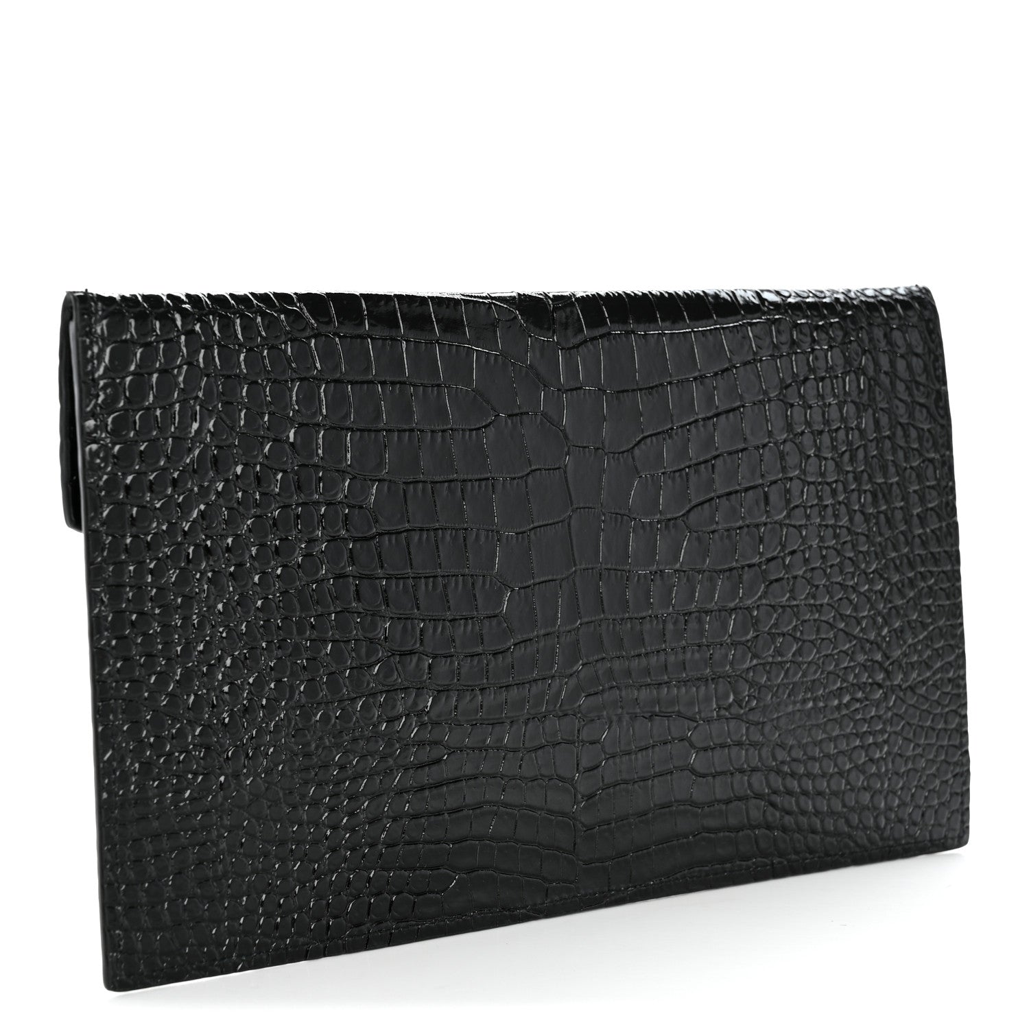 Saint Laurent Calfskin Crocodile Embossed Uptown Monogram Pouch Black 3 of 7
