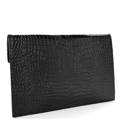 Saint Laurent Calfskin Crocodile Embossed Uptown Monogram Pouch Black 3 of 7
