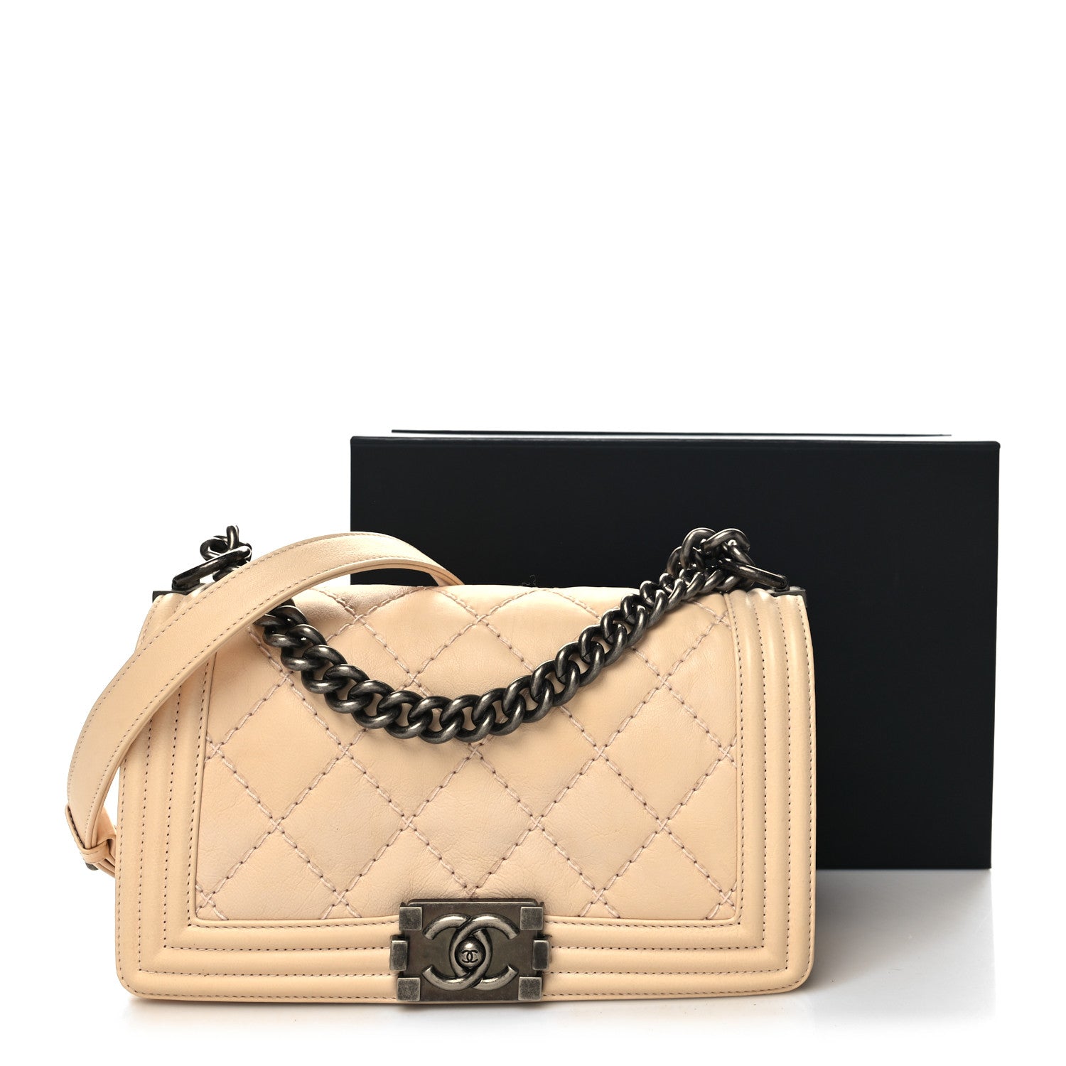 Chanel Calfskin Quilted Double Stitch Medium Boy Flap Beige 12 of 12