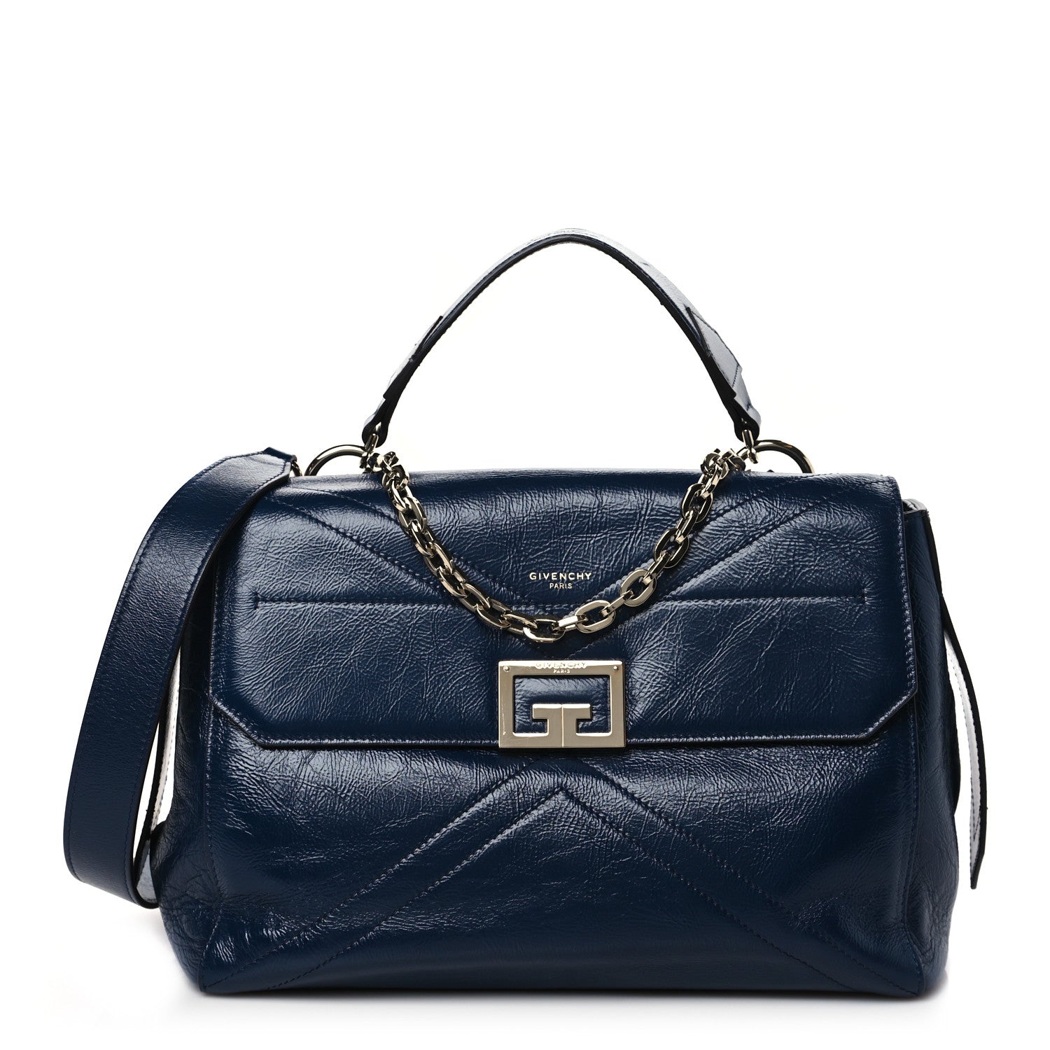 Givenchy Creased Patent Calfskin Medium ID Flap Navy Blue 1 of 9