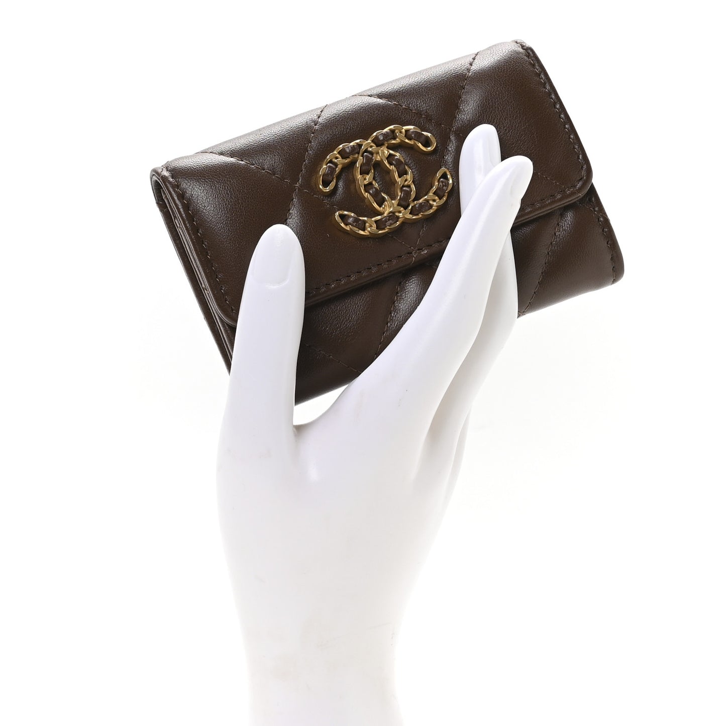 Lambskin Quilted Chanel 19 Flap Card Holder Dark Brown