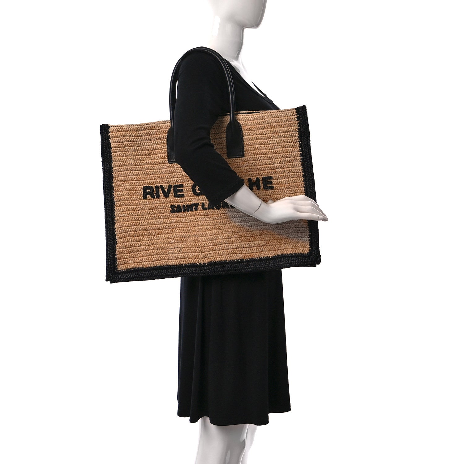 Saint Laurent Raffia Calfskin Rive Gauche Tote Naturale Black 3 of 12